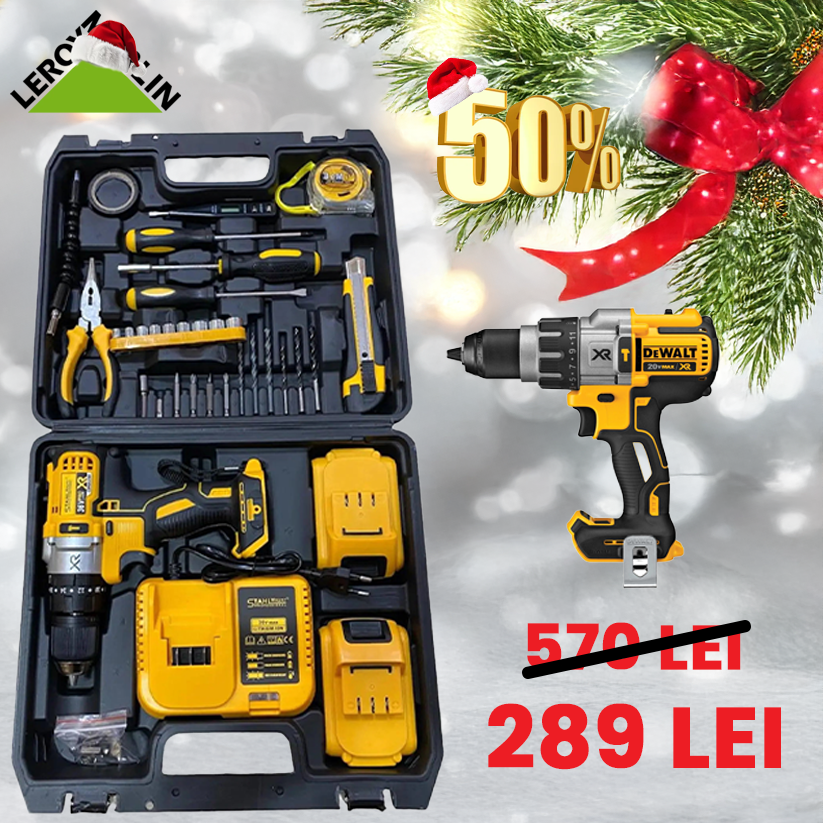 Masina de gaurit si insuburat Dewalt XR, 36V, 2 acumulatori li-ion, 5 Ah, 30 Nm, 3000 RPM, Percutie, Cadou 30 Accesorii